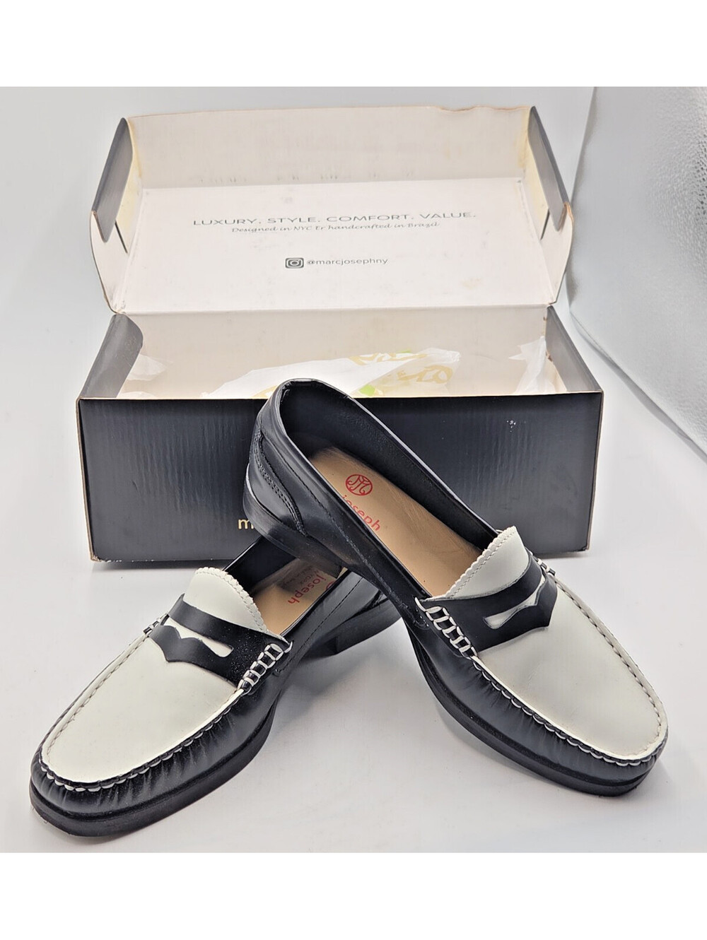 Marc Joseph New York Women's Size 6 Black White Leather Penny Loafers NIB